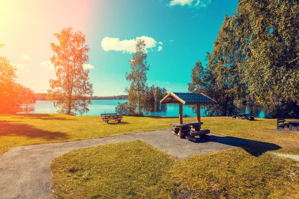 Bela Natureza Suécia Lake Shore Noite Lugar Descanso — Fotografia de Stock