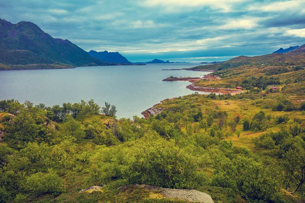 Uitzicht Fjord Rotsachtige Kust Met Blauwe Bewolkte Hemel Prachtige Natuur — Stockfoto