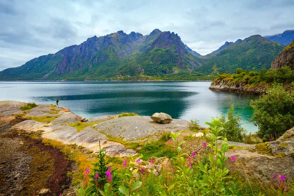 Widok Fiord Skaliste Wybrzeże Niebieskiego Nieba Deszczu Piękna Przyroda Norwegii — Zdjęcie stockowe