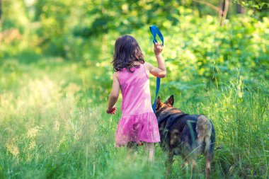 Mutlu küçük kız ile köpek ormanda yürüyüş. Köpeğin tasmasını tutan kız kameraya geri