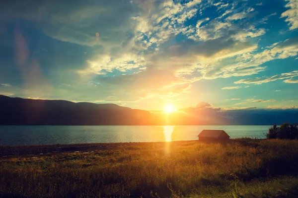 Coucher Soleil Sur Mer Avec Ciel Magnifique Beau Fjord Soirée — Photo