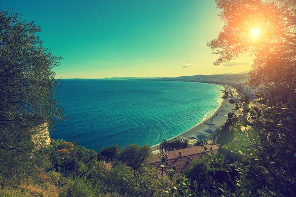 Hava Panoramik Dağ Nice Batımında Cote Azur Promenade Des Anglais — Stok fotoğraf