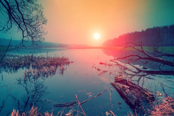 Dzika Przyroda Jesienny Krajobraz Wsi Bezdroża Spokojna Rzeka Wschodzie Słońca — Zdjęcie stockowe
