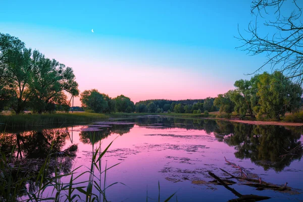Magical Pink Purple Sunrise Lake Misty Morning Rural Landscape Wilderness — Stock Photo, Image