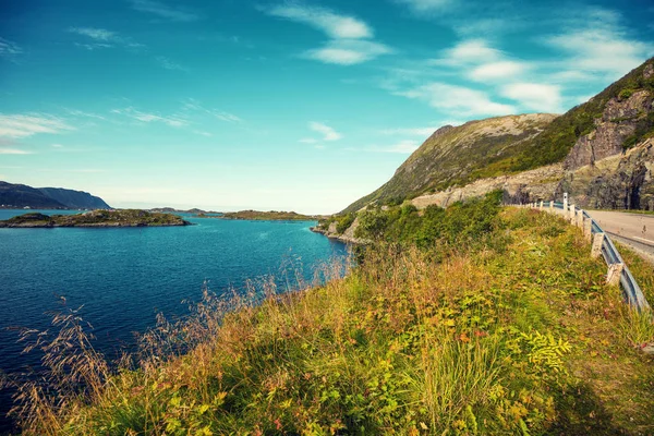 フィヨルドで表示します 岩の多いビーチ ノルウェーの美しい自然 ロフォーテン諸島 フィヨルド沿いの道路 — ストック写真