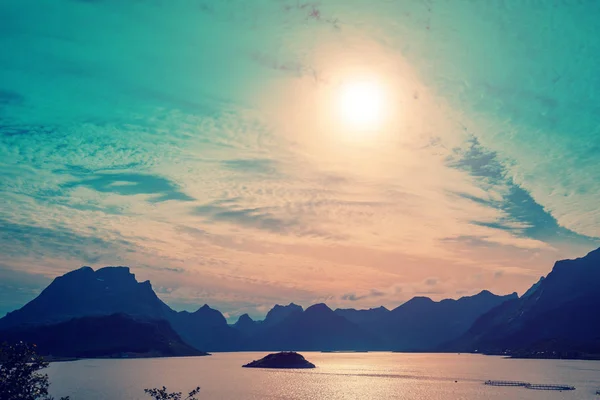 View Fjord Rocky Beach Beautiful Nature Norway Lofoten Islands Blue — Stock Photo, Image