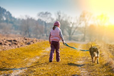 Küçük kız bir köpekle tekrar fotoğraf sahada yürüyor