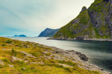 Bulutlu gökyüzü ile kayalık deniz kıyısı. Vahşi doğa. Güzel doğa Norveç. Lofoten Adaları