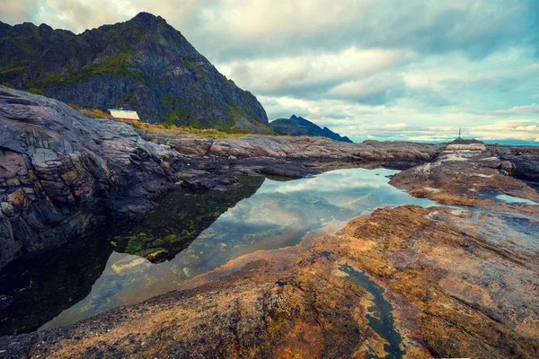 Steniga Havsstrand Med Molnig Himmel Vildmarken Vacker Natur Norge Lofoten — Stockfoto
