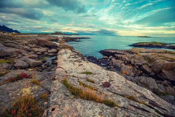 Скелясте Узбережжя Хмарного Неба Пустелі Красива Природа Норвегії Прибуття Острови — стокове фото