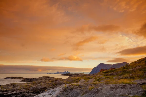 Steniga Havsstrand Vid Solnedgången Vildmarken Vacker Natur Norge Lofoten Öarna — Stockfoto