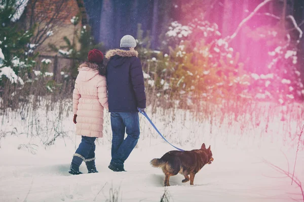 年轻夫妇与狗走在雪村回来了 — 图库照片