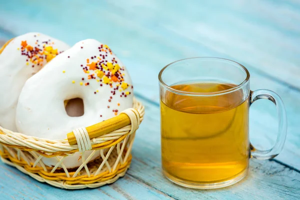 Glass Tea Donuts Wooden Table — Stock Photo, Image