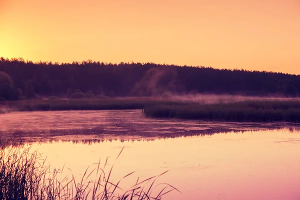 Göl Üzerinde Turuncu Günbatımı Puslu Akşam Kırsal Manzara Vahşi Mistik — Stok fotoğraf