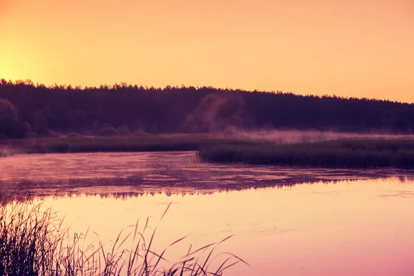 Puesta Sol Naranja Sobre Lago Tarde Brumosa Paisaje Rural Naturaleza — Foto de Stock