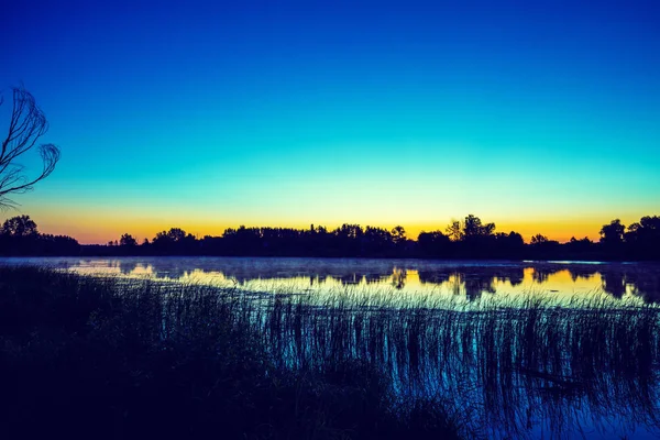 Manhã Cedo Amanhecer Sobre Lago Misty Manhã Paisagem Rural Deserto — Fotografia de Stock