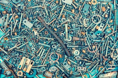 Soyut grunge Metalik arka plan yerinden. Montaj vida, cıvata, contalar,