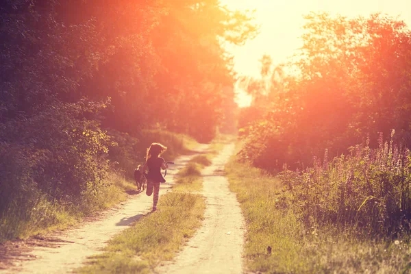 Bir Köpek Ile Bir Küçük Kız Bir Ülke Road Çalışır — Stok fotoğraf