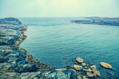 Kayalık plaj. Atlantik kıyı sisli sabah. Yalı. Güzel vahşi Norveç