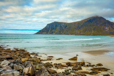 Güzel vahşi, kayalık plaj, fiyort görünümünü. Lofoten Adaları, Norveç.