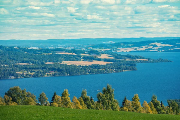 Panoramik Fiyort Yirmiden Şehrin Gjovik Hava Görünümünü Güzel Doğa Norveç — Stok fotoğraf
