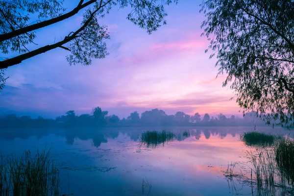 Wcześnie Rano Świt Nad Jeziorem Mgliste Rano Krajobrazu Wiejskiego Bezdroża — Zdjęcie stockowe