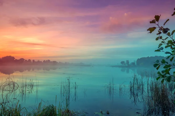 Früher Morgen Morgengrauen Über Dem See Nebliger Morgen Ländliche Landschaft — Stockfoto