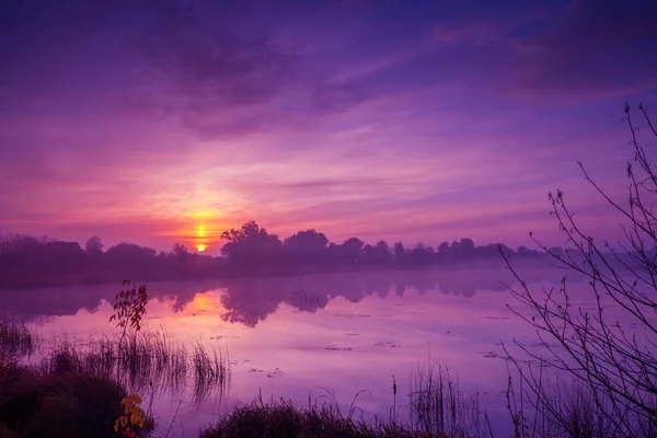 Früher Morgen Morgengrauen Über Dem See Nebliger Morgen Ländliche Landschaft — Stockfoto