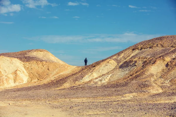 Desert landscape. Man standing on mountain in desert