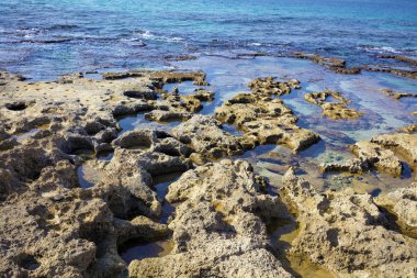 Kayalık sahil. Rosh Hanikra deniz rezerv. İsrail