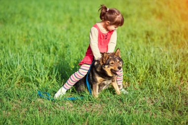 Yaz aylarında açık bir köpekle oynayan mutlu küçük kız