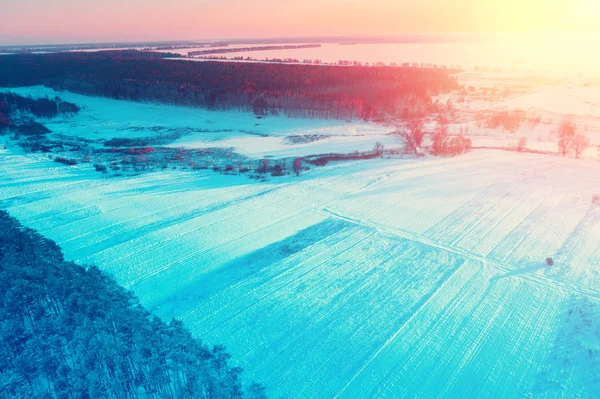 Paisaje Rural Invernal Vista Aérea Campo Cubierto Nieve Bosque — Foto de Stock