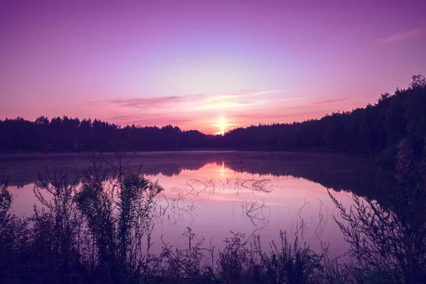 Salida Del Sol Mágico Sobre Lago Con Hermoso Reflejo Agua — Foto de Stock