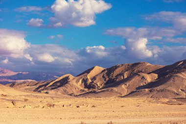 Dağ doğa manzarası. Güneşli bir günde çöl. Negev Çölü. Arkaplanda dağlar olan vadi manzarası. Tabiat İsrail