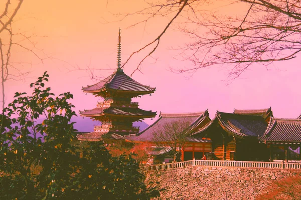 Magiczny Różowy Wschód Słońca Nad Świątynią Kiyomizu Dera Kioto Japonia — Zdjęcie stockowe