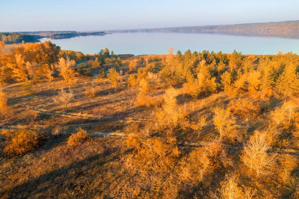 Вид Повітря Берег Річки Заході Сонця Восени — стокове фото