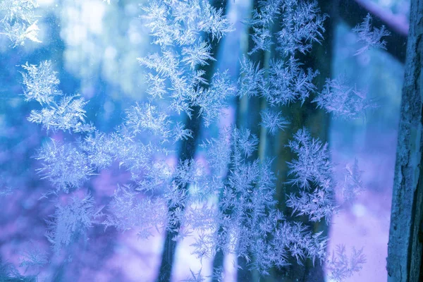 Fensterglas Mit Winterfrostigem Muster Abstrakter Natürlicher Hintergrund Farbverlauf Winterfenster — Stockfoto