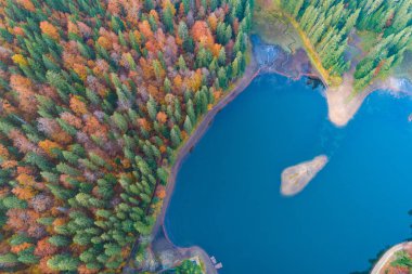 Ukrayna 'nın Karpat Dağları' ndaki Synevyr Gölü 'nün havadan görünüşü. Transcarpathian bölgesindeki Synevyr Polyana Ulusal Parkı. Ukrayna, Avrupa