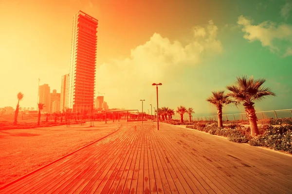 Netanya Stad Bij Zonsopgang Houten Promenade Israël — Stockfoto