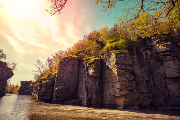 View Mountain River Early Spring Rocky Riverbanks — Stock Photo, Image