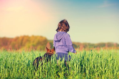 Güneşli bir yaz gününde çimenli bir arazide köpeği olan mutlu küçük bir kız.