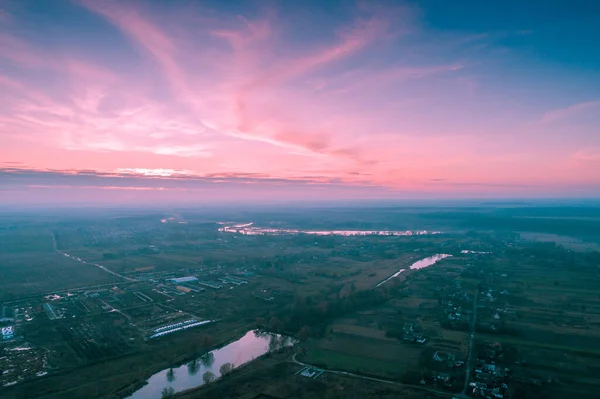 Magischer Sonnenuntergang Auf Dem Land Herbst Ländliche Landschaft Abend Luftaufnahme — Stockfoto