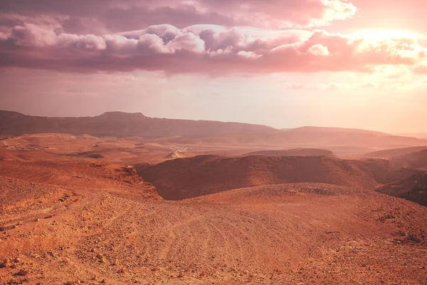 Mountain nature landscape. Desert in early morning. Beautiful sunrise in mountains. Judaean Desert. View of valley with mountains on backdrop. Nature Israel.