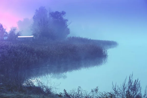 Ранним Туманным Утром Восход Солнца Над Озером Деревенский Пейзаж Осенью — стоковое фото