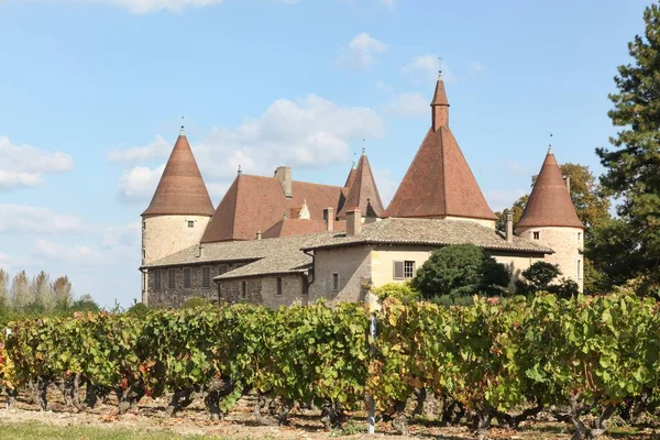 Κάστρο της Corcelles με αμπελώνες σε Beaujolais, Γαλλία — Φωτογραφία Αρχείου