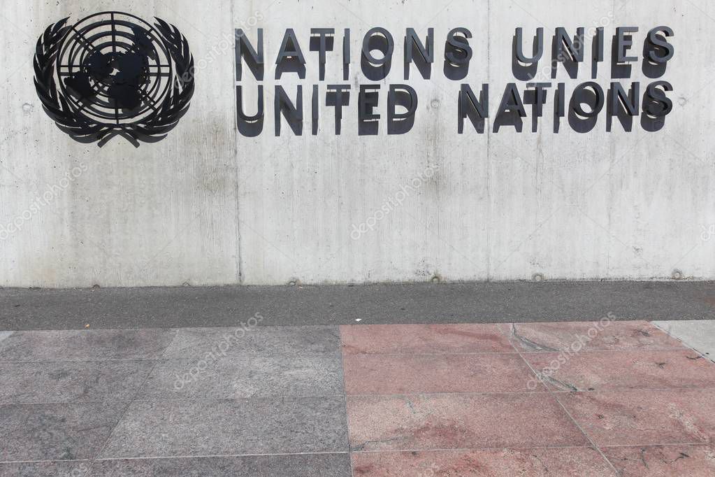 Geneva, Switzerland - August 14, 2016:  United Nations sign on a wall in Geneva, Switzerland