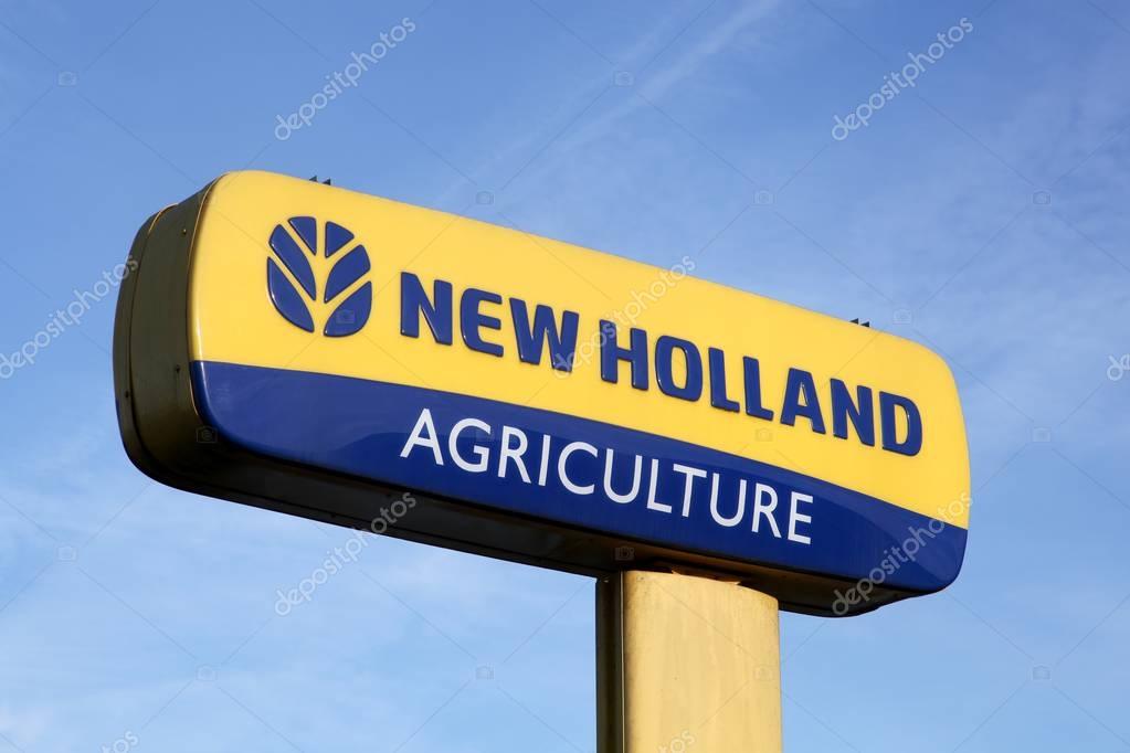 Villars, France - February 2, 2017: New Holland Agriculture logo on a pole. New Holland is a brand agricultural equipment manufactured by CNH Industrial