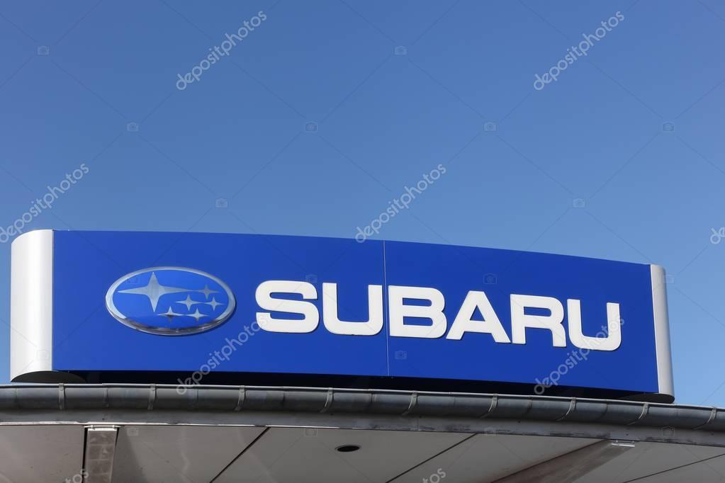 Odense, Denmark - April 9, 2017: Subaru logo on a facade. Subaru is the automobile manufacturing division of Japanese transportation conglomerate Subaru Corporation