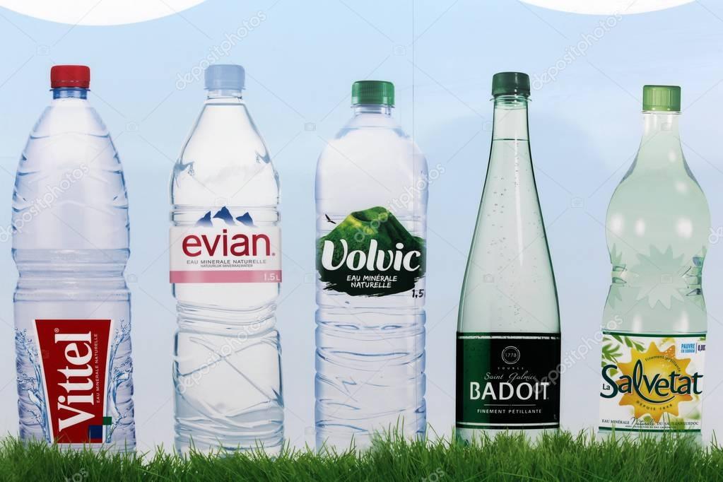Saint Georges, France - February 10, 2017: Bottled water brands in France on a wall