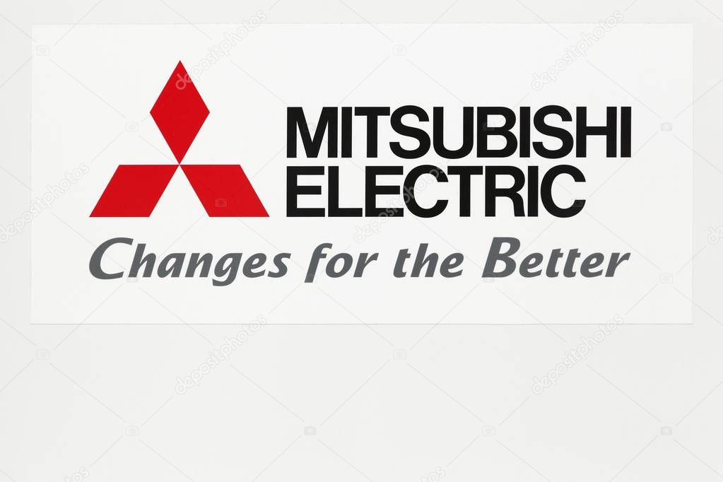 Saint Priest, France - July 29, 2017: Mitsubishi Electric logo on a wall. Mitsubishi Electric is a Japanese multinational electronics and electrical equipment manufacturing company